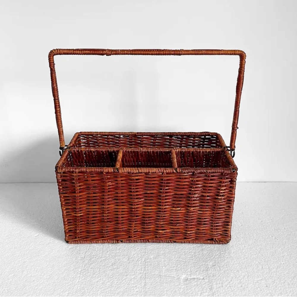1970s Vintage Wicker basket utensil Caddy Tabletop cutlery organizer